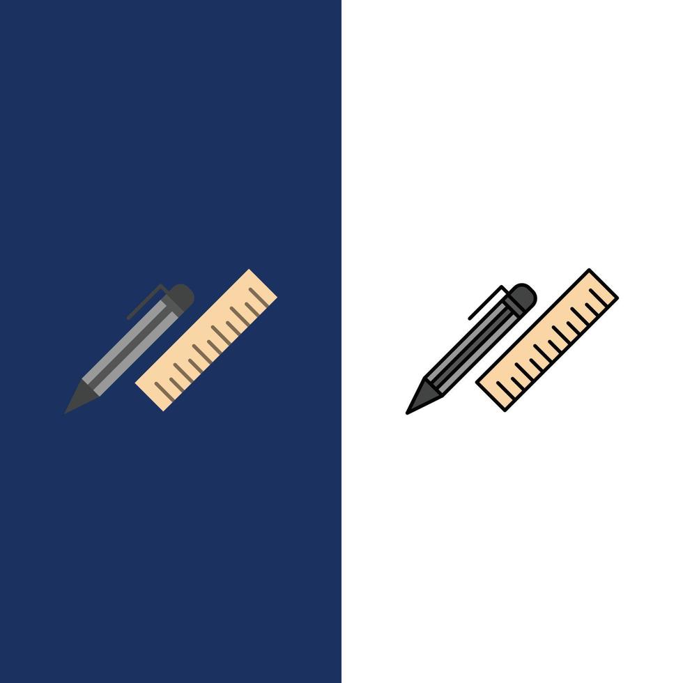 stylo bureau organisateur crayon règle fournitures icônes plat et ligne remplie icône ensemble vecteur fond bleu