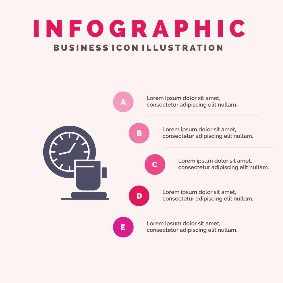 pause café tasse temps événement solide icône infographie 5 étapes présentation fond vecteur