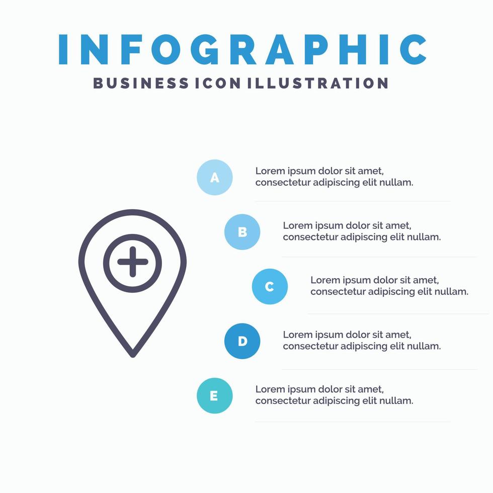 plus l'icône de ligne de broche de marqueur de carte de localisation avec 5 étapes présentation infographie fond vecteur