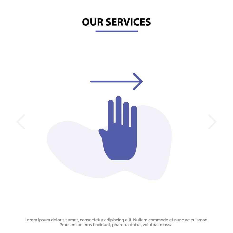 nos services doigt quatre geste droite solide glyphe icône modèle de carte web vecteur