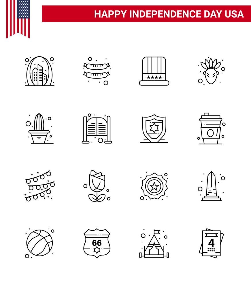 usa joyeux jour de l'indépendancepictogramme ensemble de 16 lignes simples de plante cactus chapeau thanksgiving américain modifiable usa day vector design elements