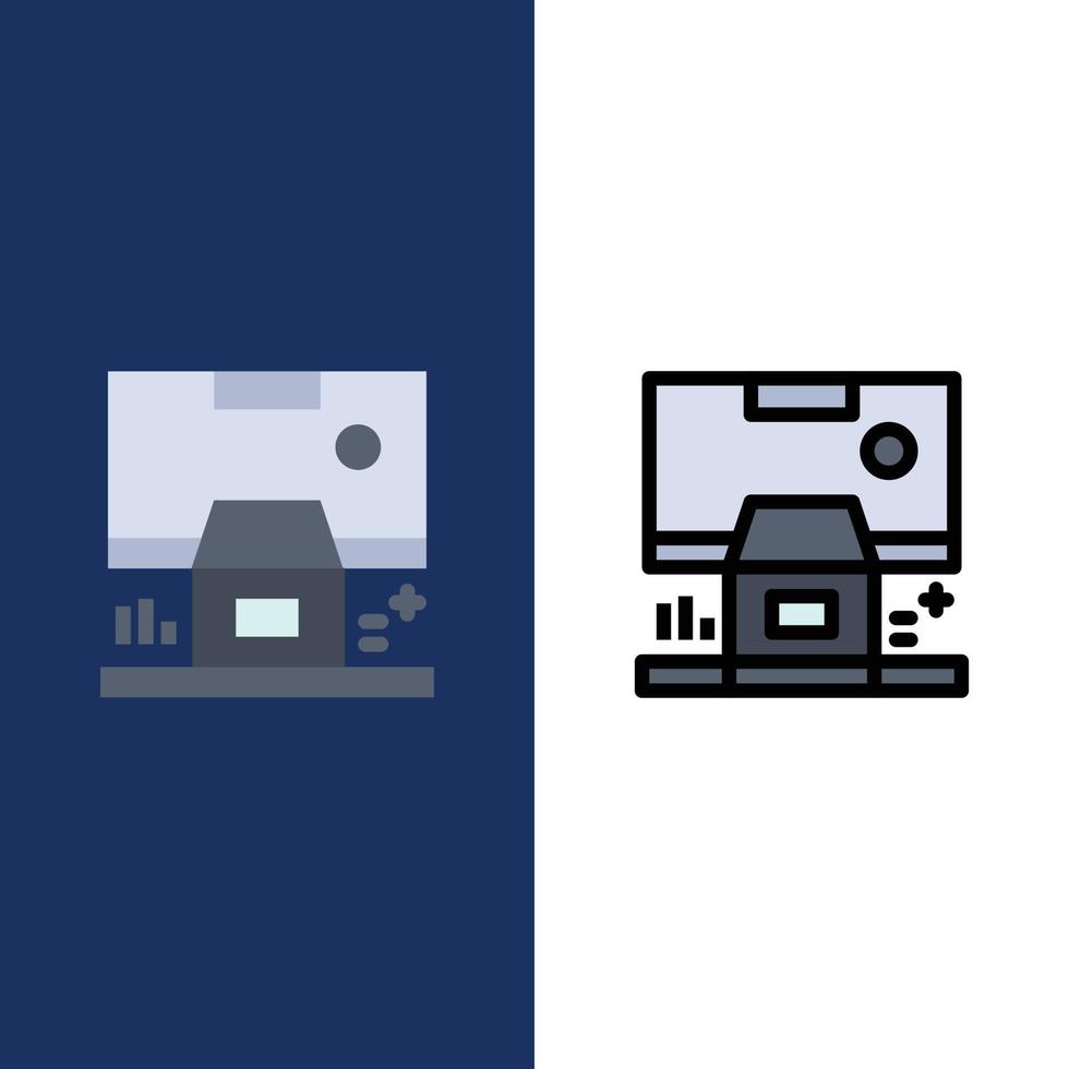 cabine centre panneau de commande icônes de salle plat et ligne remplie icône ensemble vecteur fond bleu