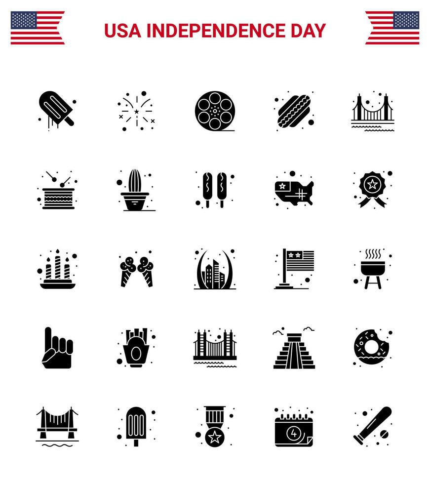 pack de glyphes solides vectoriels modifiables de la journée des états-unis 25 glyphe solide simple du pont doré états movis éléments de conception vectoriels américains modifiables américains vecteur