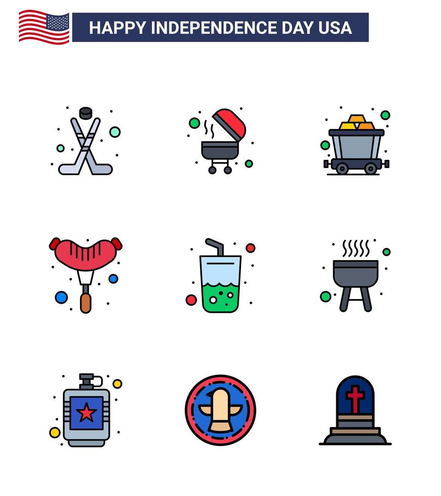 pack d'icônes vectorielles stock de jour américain 9 signes et symboles de ligne pour barbecue été mine boisson saucisse modifiable usa jour vecteur éléments de conception