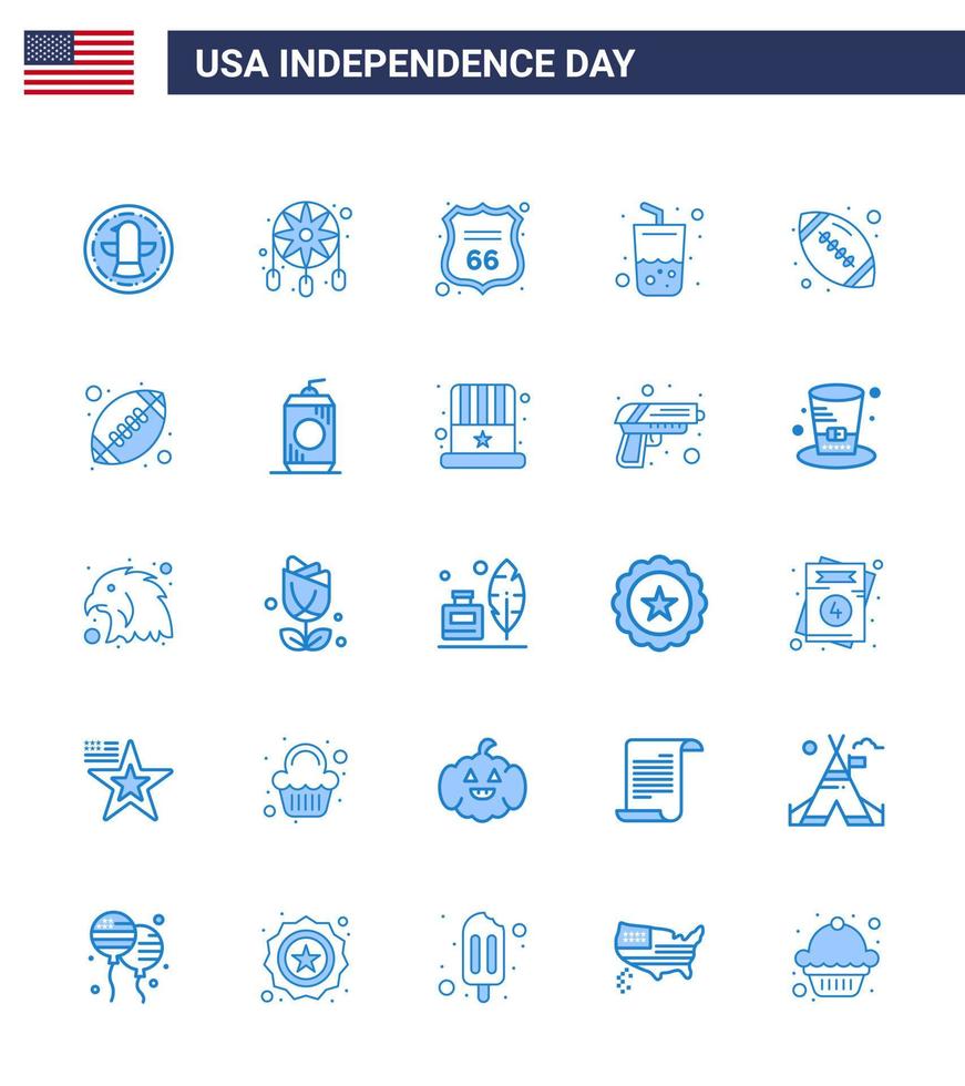 25 panneaux bleus pour la fête de l'indépendance des états-unis rugby cola sécurité verre d'été modifiable usa day vector design elements