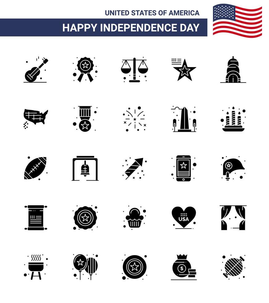 joyeux jour de l'indépendance pack de 25 signes et symboles de glyphes solides pour la construction d'étoiles de drapeau de cour des états-unis modifiables éléments de conception de vecteur de jour des états-unis