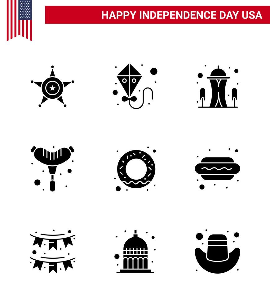 usa joyeux jour de l'indépendancepictogramme ensemble de 9 glyphes solides simples d'aliments pour hot dog point de repère beignet frankfurter modifiable usa day vector design elements