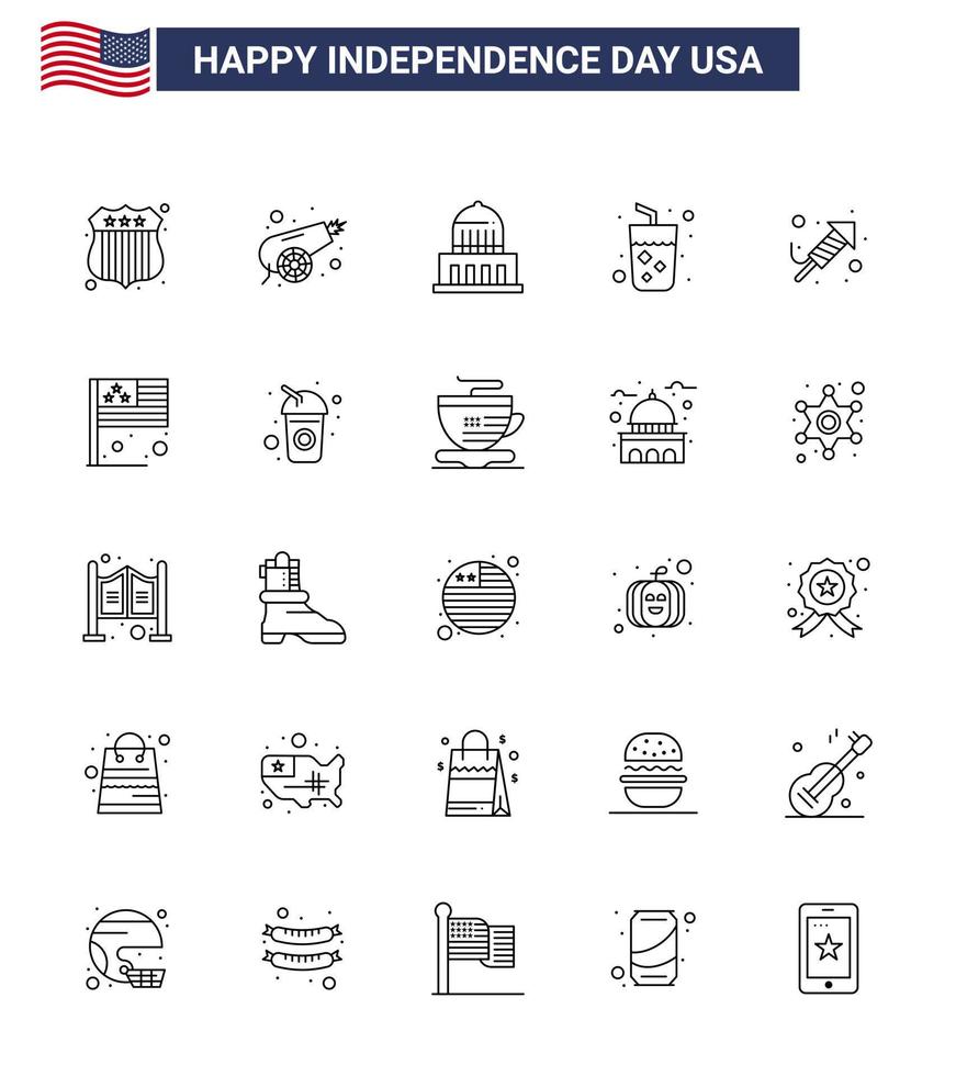 pack de 25 signes de lignes de célébration de la fête de l'indépendance des états-unis et symboles du 4 juillet tels que le feu du festival city wine drink modifiable usa day vector design elements