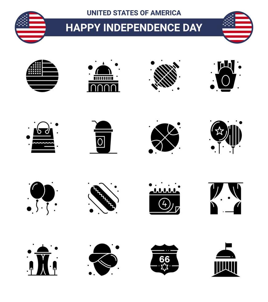 pack de 16 signes de glyphes solides de célébration de la fête de l'indépendance des états-unis et symboles du 4 juillet tels que sac frites nourriture frites fête éléments de conception vectoriels modifiables de la journée des états-unis vecteur