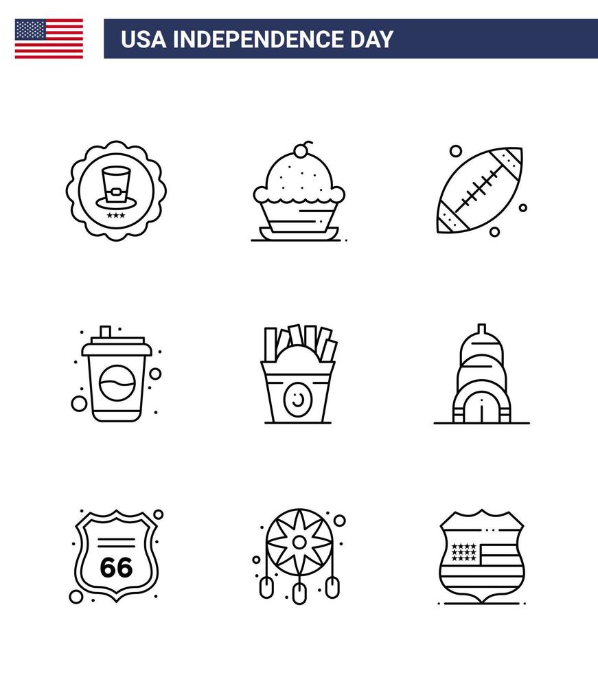 usa joyeux jour de l'indépendancepictogramme ensemble de 9 lignes simples de frise boisson thanksgiving cola usa modifiable usa day vector design elements