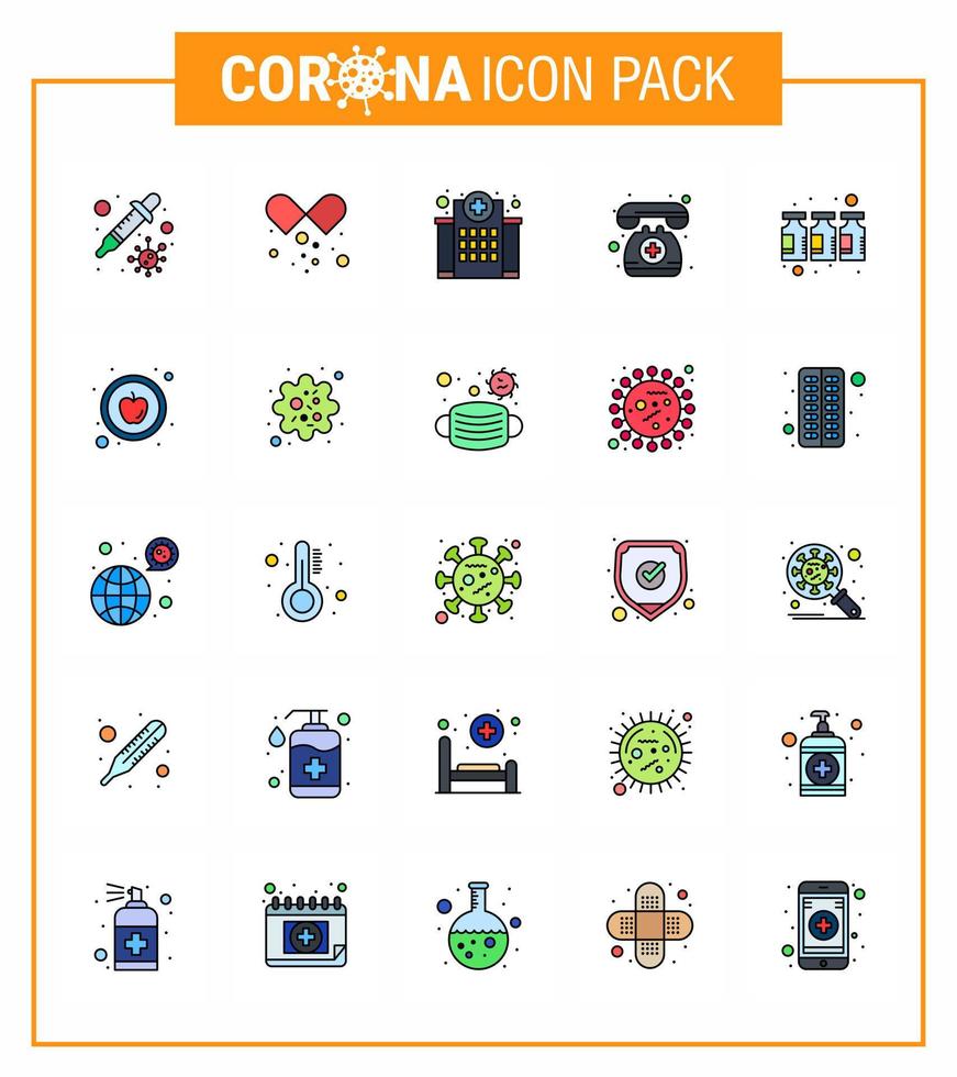 prévention des coronavirus ensemble d'icônes 25 icône de ligne remplie de couleur plate telle que bouteille téléphone bâtiment assistance médicale soins infirmiers coronavirus viral 2019nov éléments de conception de vecteur de maladie