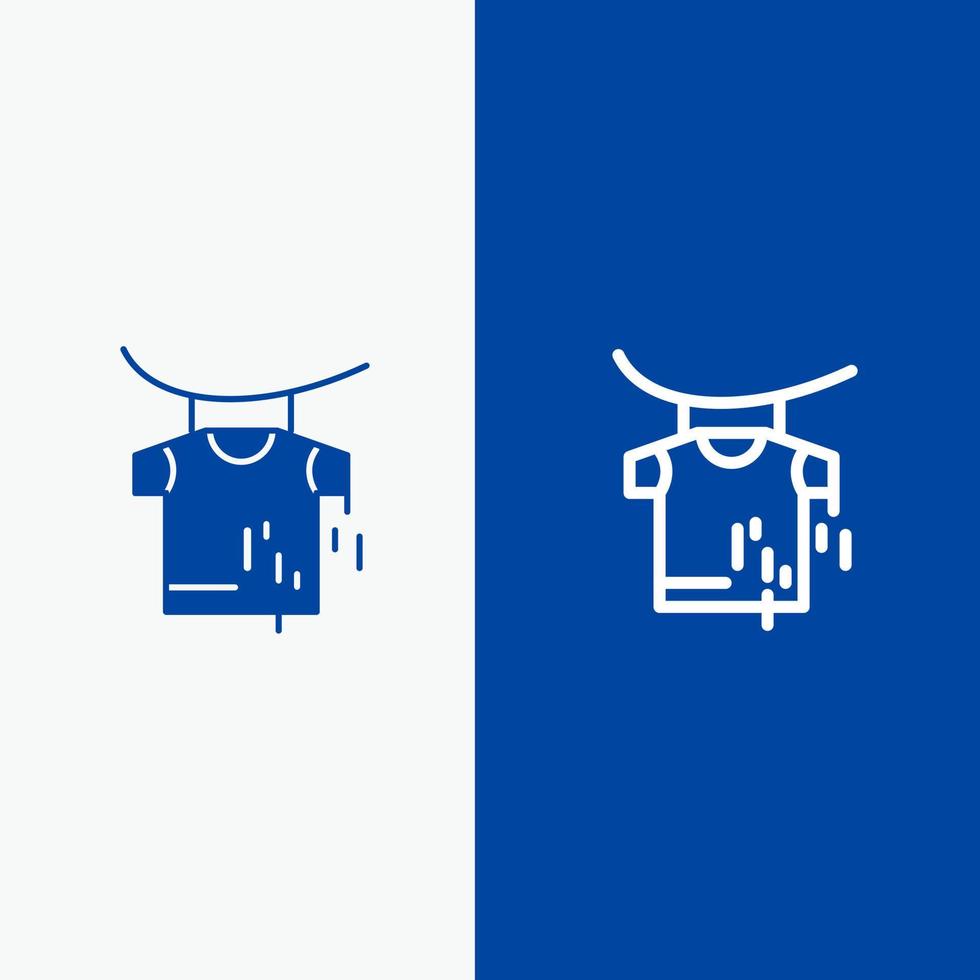 séchage des vêtements ligne de suspension et glyphe icône solide bannière bleue ligne et glyphe icône solide bannière bleue vecteur