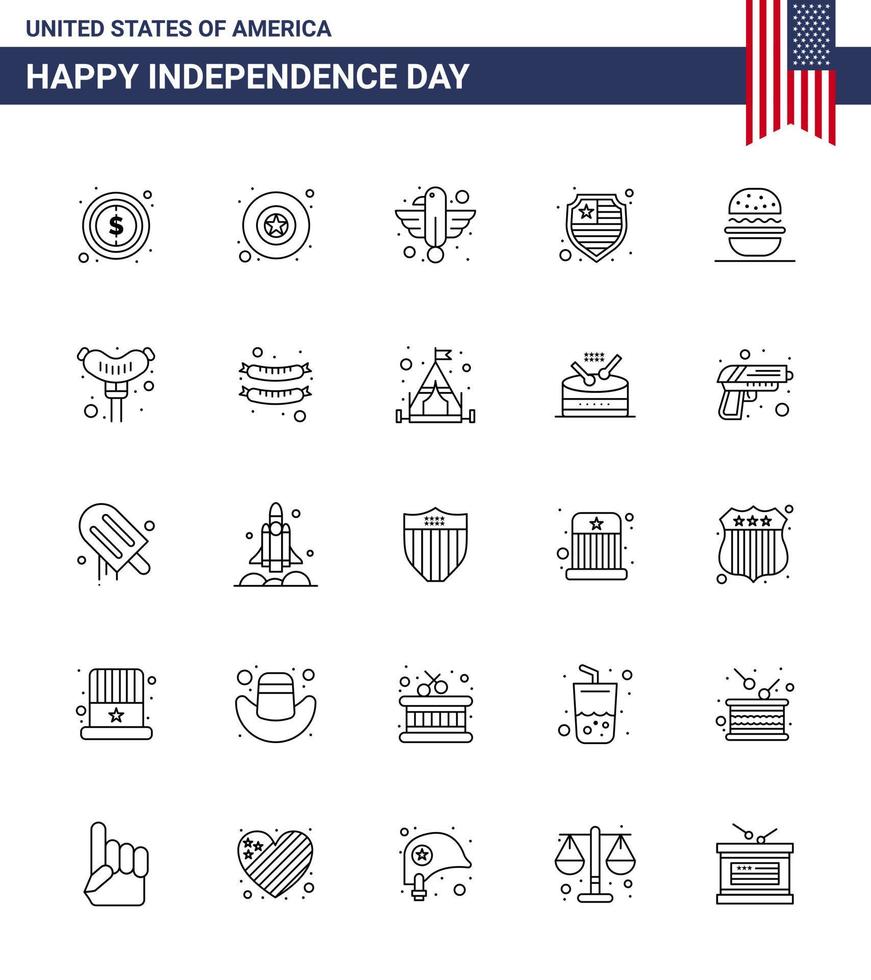 25 signes de ligne usa symboles de célébration de la fête de l'indépendance du bouclier animal burger américain éléments de conception vectoriels américains modifiables usa day vecteur