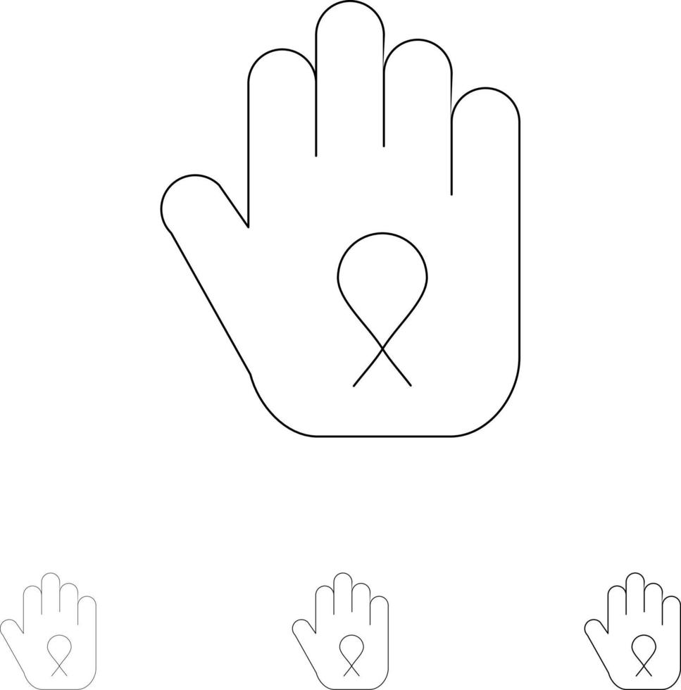 arrêtez le jeu d'icônes de ligne noire audacieuse et fine de sensibilisation au ruban de la main vecteur