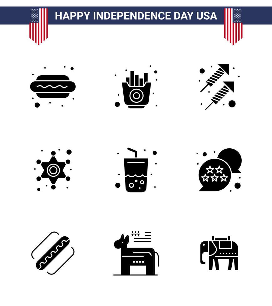 pack de 9 glyphes solides liés à la fête de l'indépendance des états-unis créatifs de signe de police de boisson célébration étoiles hommes éléments de conception vectoriels modifiables de la journée des états-unis vecteur