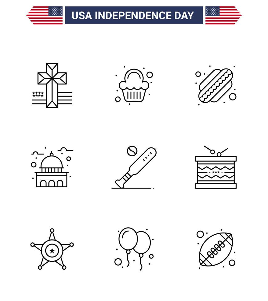 pack de 9 lignes de célébration de la fête de l'indépendance des états-unis et symboles du 4 juillet tels que bat ball hotdog blanc point de repère modifiable usa day vector design elements