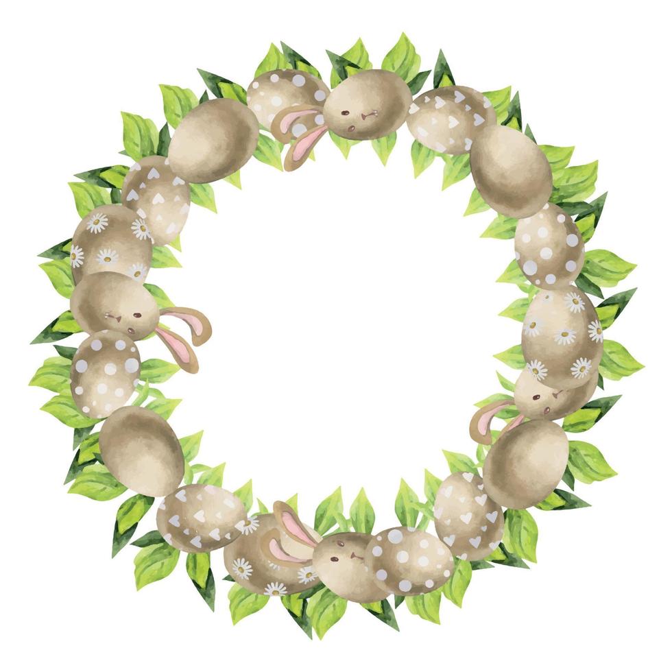 clipart de célébration de pâques dessiné à la main à l'aquarelle. couronne de cercle avec des oeufs, des lapins, des arcs et des feuilles de printemps. isolé sur fond blanc. conception pour invitations, cadeaux, cartes de vœux, impression, textile vecteur