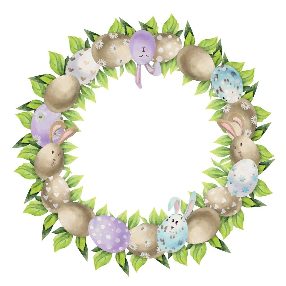 clipart de célébration de pâques dessiné à la main à l'aquarelle. couronne de cercle avec des oeufs, des lapins, des arcs et des feuilles de printemps. isolé sur fond blanc. conception pour invitations, cadeaux, cartes de vœux, impression, textile vecteur