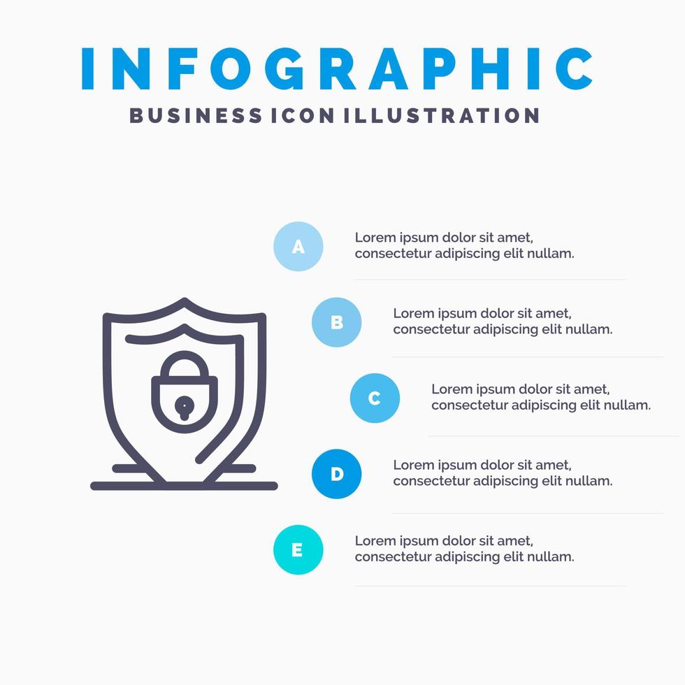 icône de ligne de sécurité de verrouillage de bouclier internet avec fond d'infographie de présentation en 5 étapes vecteur