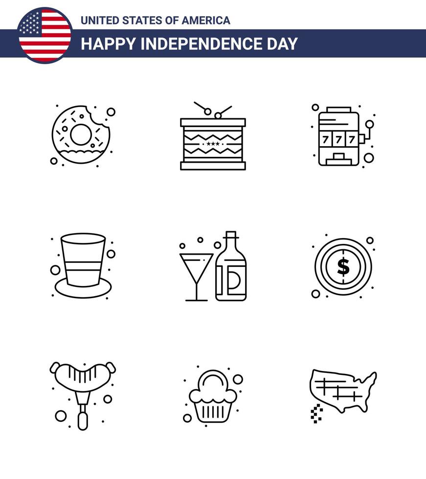 groupe de 9 lignes définies pour le jour de l'indépendance des états-unis d'amérique tels que le chapeau de boisson st cap jeu modifiable usa day vector design elements