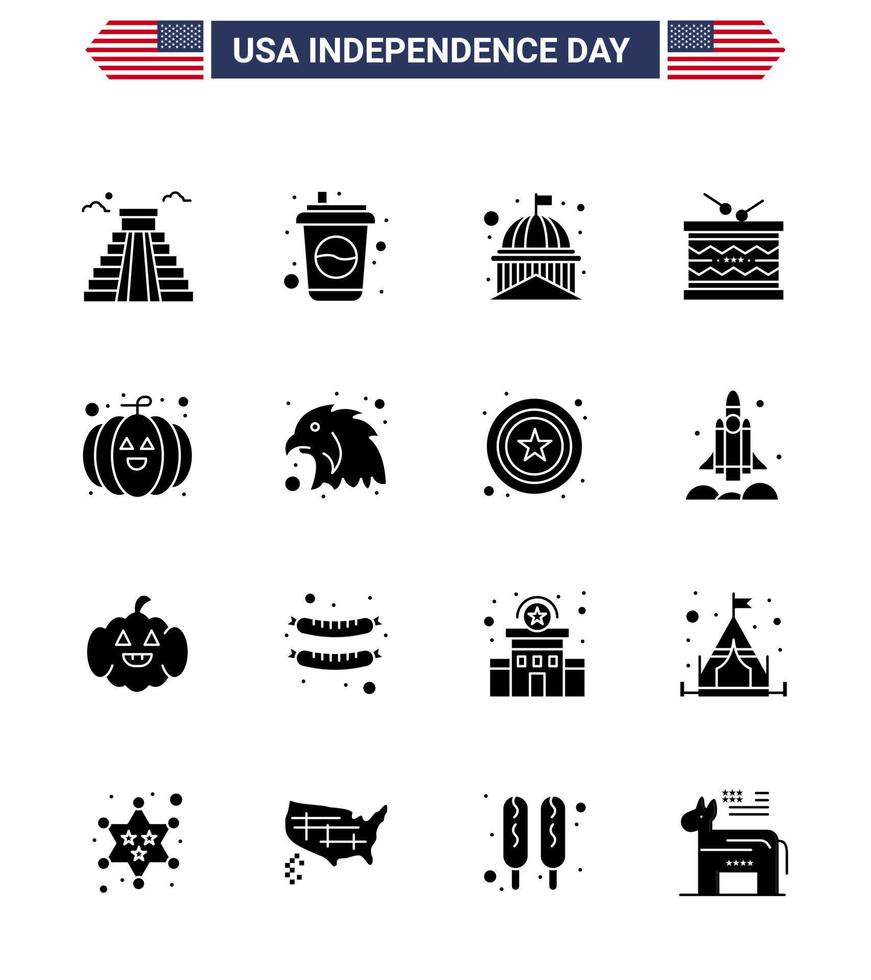 pack de 16 signes de glyphes solides de célébration de la fête de l'indépendance des états-unis et symboles du 4 juillet tels que st irish building instrument white editable usa day vector design elements