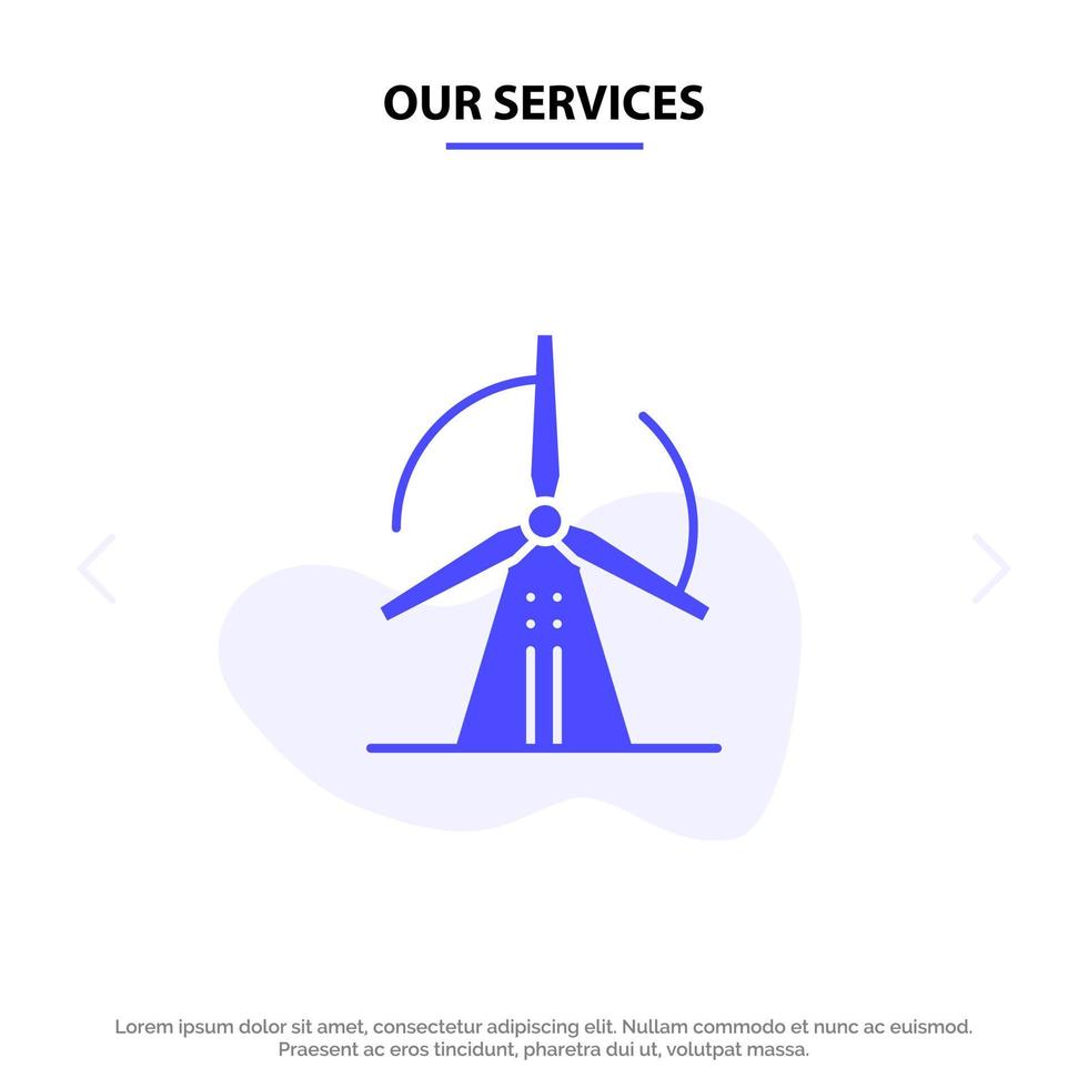 nos services turbine énergie éolienne puissance solide glyphe icône modèle de carte web vecteur