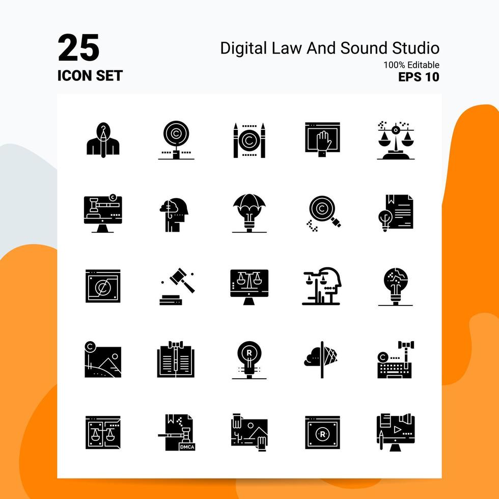 25 jeu d'icônes de studio de droit numérique et de son 100 fichiers eps modifiables 10 idées de concept de logo d'entreprise conception d'icône de glyphe solide vecteur