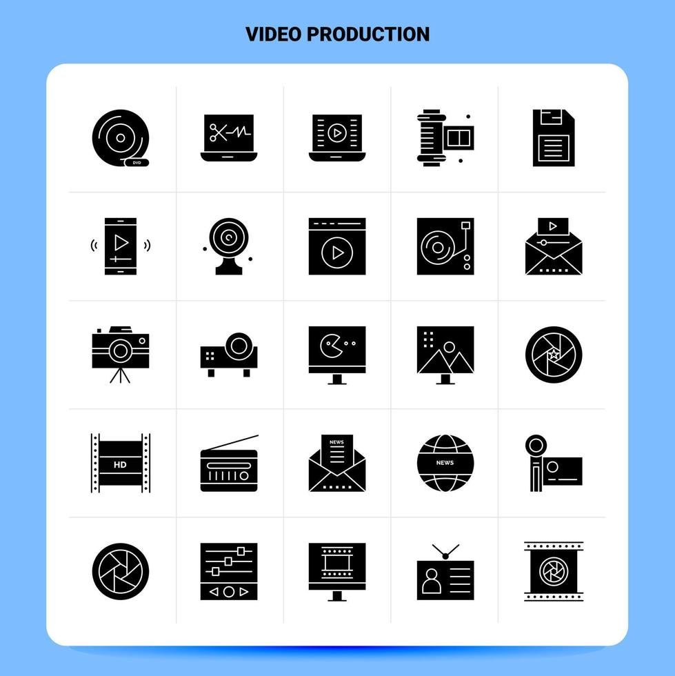 ensemble d'icônes de production vidéo solide 25 conception de style de glyphe vectoriel icônes noires définies idées d'affaires web et mobiles conception illustration vectorielle