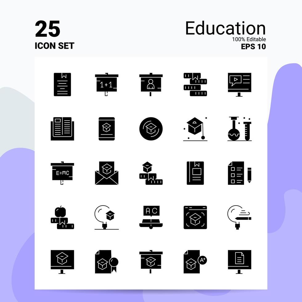 25 jeu d'icônes d'éducation 100 fichiers eps modifiables 10 idées de concept de logo d'entreprise conception d'icône de glyphe solide vecteur