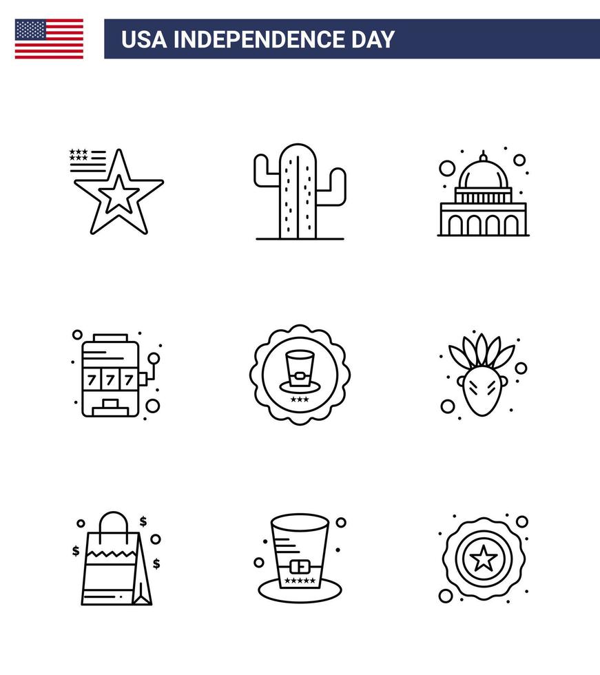 usa joyeux jour de l'indépendancepictogramme ensemble de 9 lignes simples de jeu de boisson capitol slot casino modifiable usa day vector design elements