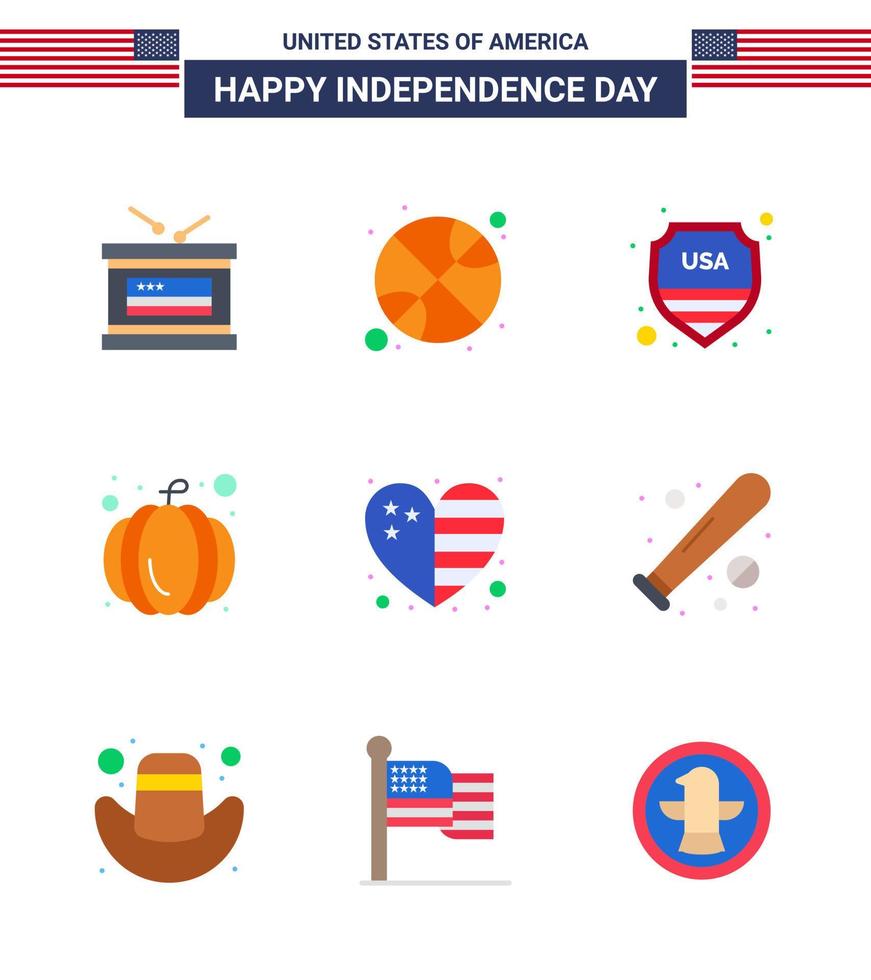 gros pack de 9 usa joyeux jour de l'indépendance usa vecteur appartements et symboles modifiables du drapeau coeur sécurité usa festival américain modifiable usa jour vecteur éléments de conception