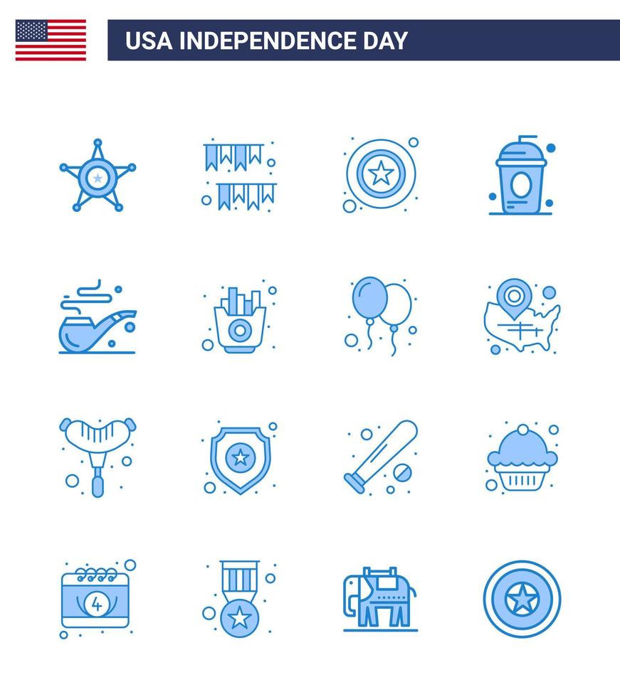 joyeux jour de l'indépendance 4 juillet ensemble de 16 pictogrammes américains de blues de l'indépendance boisson partie cole signe éléments de conception vectoriels modifiables usa day vecteur