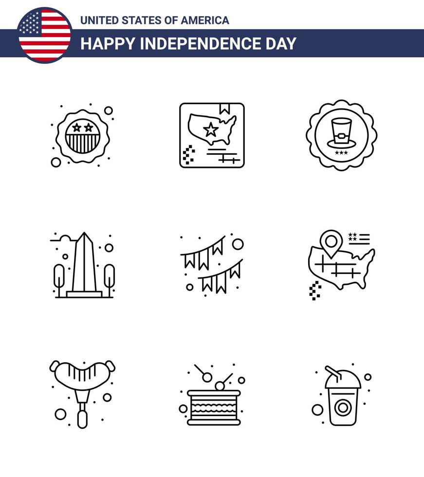 9 usa line pack de signes et symboles de la fête de l'indépendance des états-unis américains vue en verre point de repère modifiable usa day vector design elements