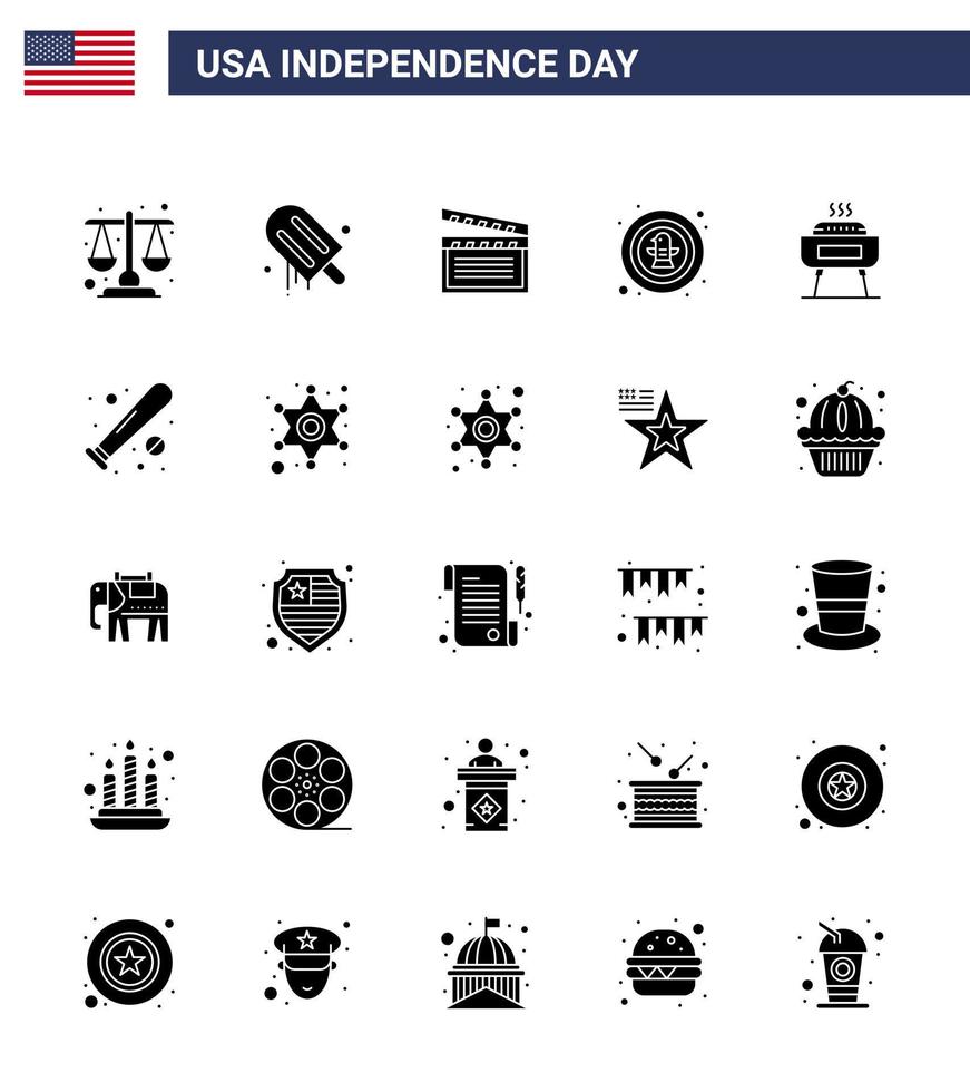 25 signes de glyphes solides pour le jour de l'indépendance des états-unis barbecue aigle célébration américaine éléments de conception vectoriels américains modifiables américains vecteur