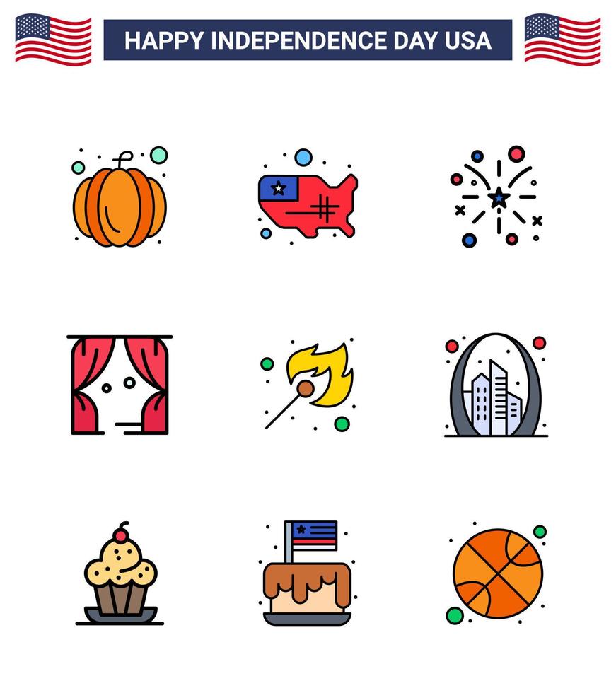 9 usa plat rempli ligne pack de signes et symboles de la fête de l'indépendance du match camping feu usa loisirs modifiables usa day vector design elements