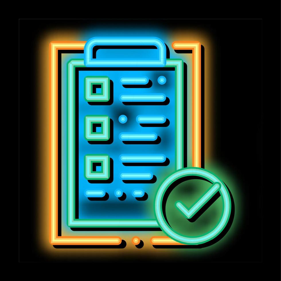 clip de tablette avec liste de contrôle approuvée illustration d'icône de lueur au néon vecteur