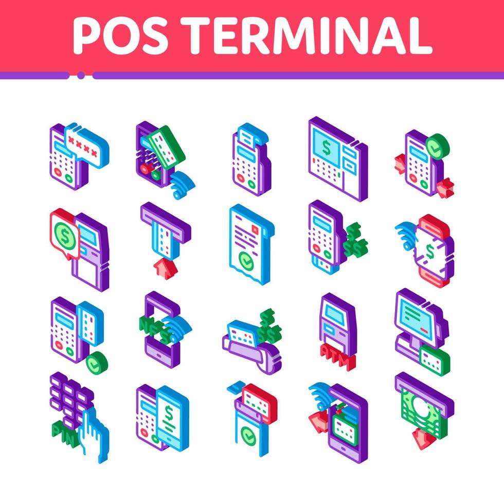 vecteur de jeu d'icônes isométriques de terminal pos terminal