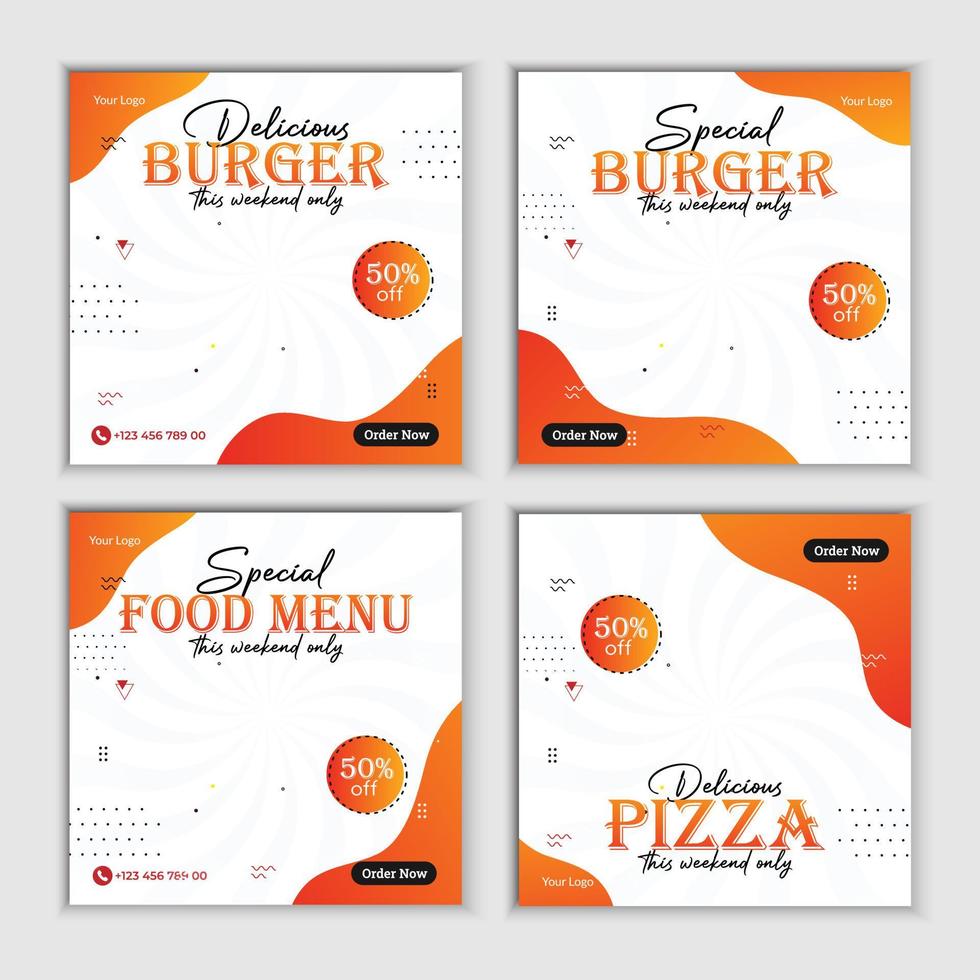 burger, pizza, menu alimentaire restaurant conception de bannière de publication de médias sociaux. adapté à la bannière de publication sur les réseaux sociaux. pizza, burger, poulet et promotion en ligne des entreprises alimentaires délicieuses. vecteur