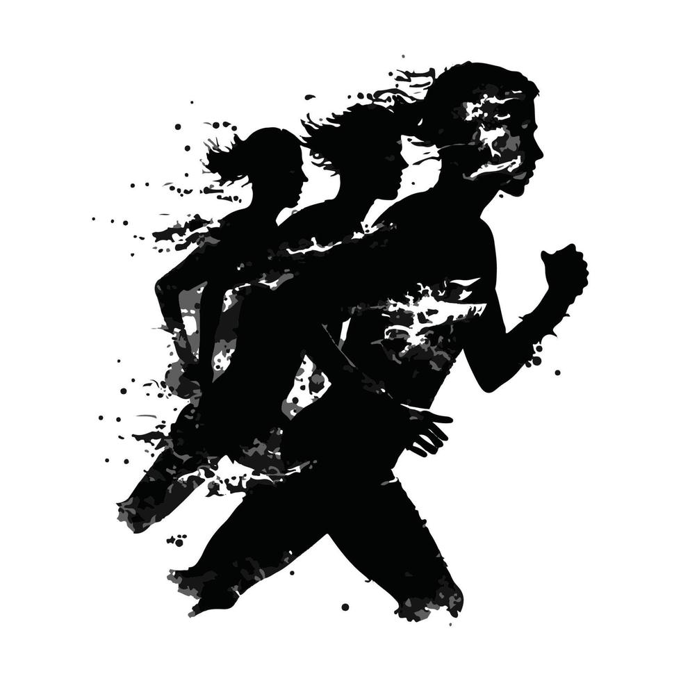 silhouette de personnes en cours d'exécution avec effet brûlant. silhouette d'un groupe de personnes en cours d'exécution. vecteur