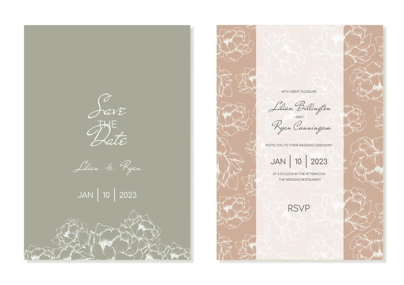 modèle d'invitation de mariage minimaliste avec pivoines en vert tendre et pêche. vecteur