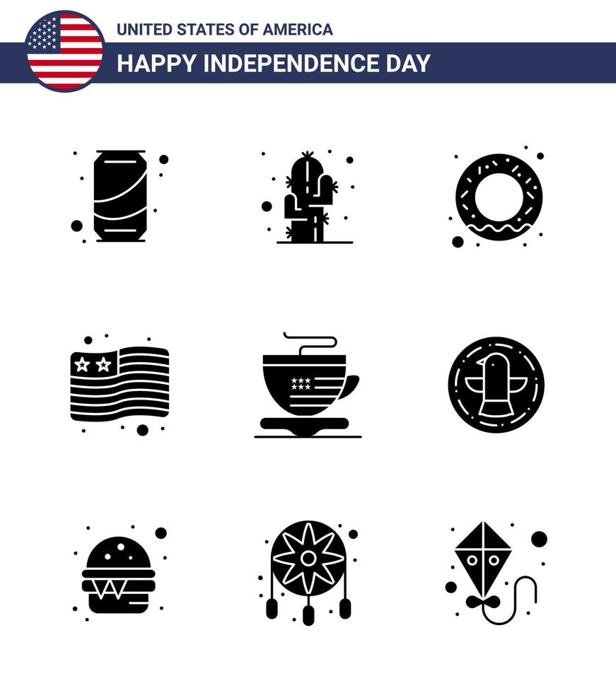 gros pack de 9 usa joyeux jour de l'indépendance usa vecteur glyphes solides et symboles modifiables de la coupe américaine beignet thé drapeau modifiable usa day vector design elements