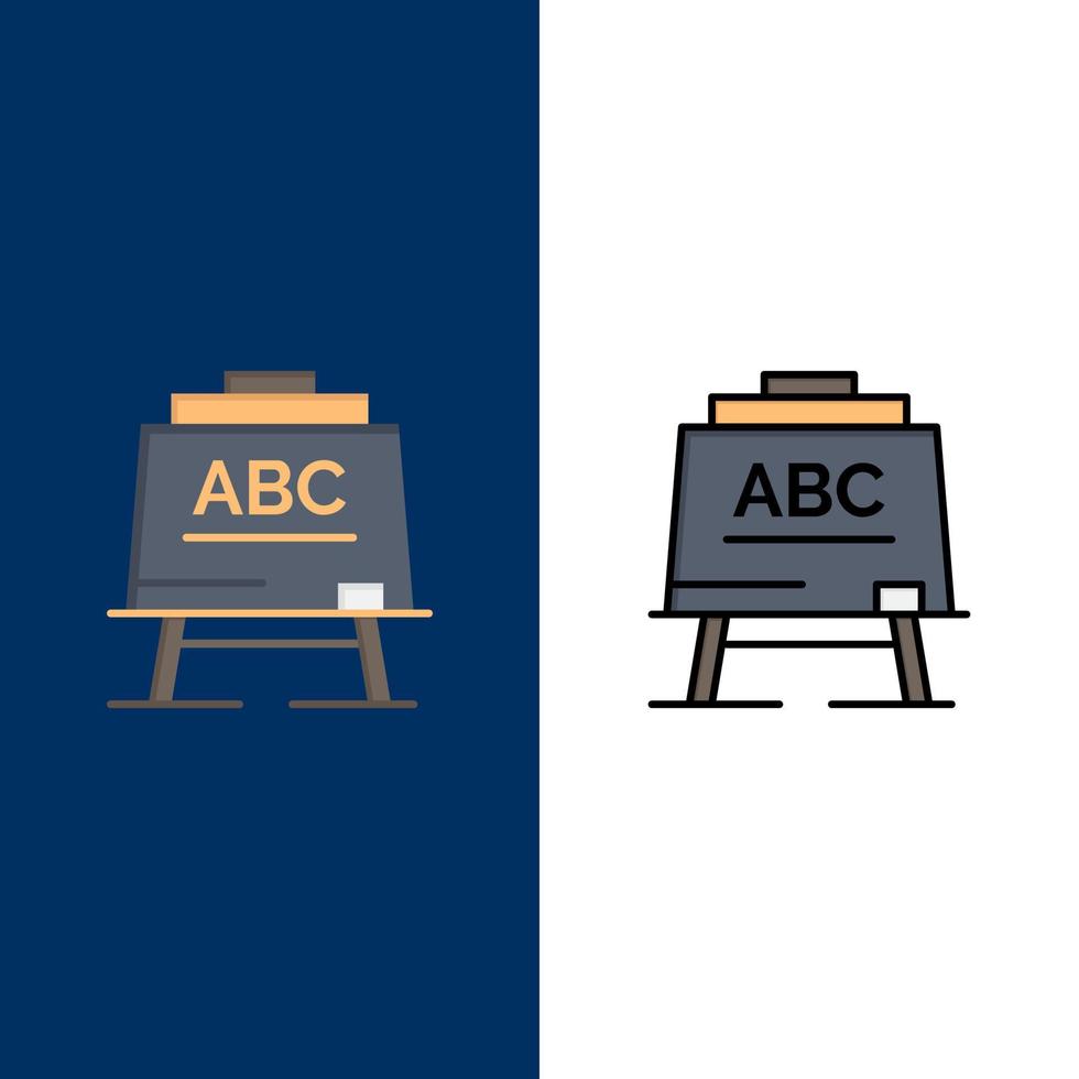 apprentissage des icônes du conseil d'administration de l'enseignant abc plat et ligne remplie d'icônes ensemble vecteur fond bleu