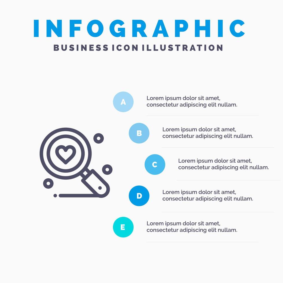 icône de ligne de mariage de coeur d'amour de recherche avec fond d'infographie de présentation en 5 étapes vecteur