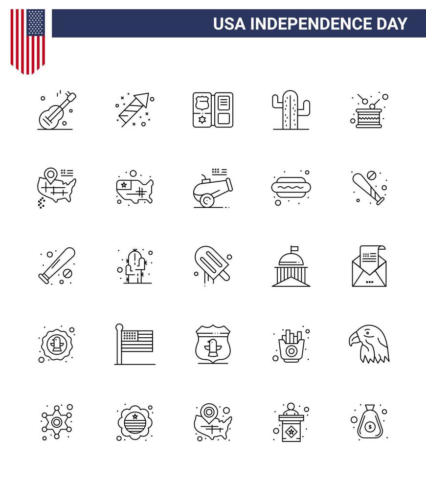 25 usa line pack de signes et symboles de la fête de l'indépendance du tambour livre américain abondant cactus modifiables usa day vector design elements