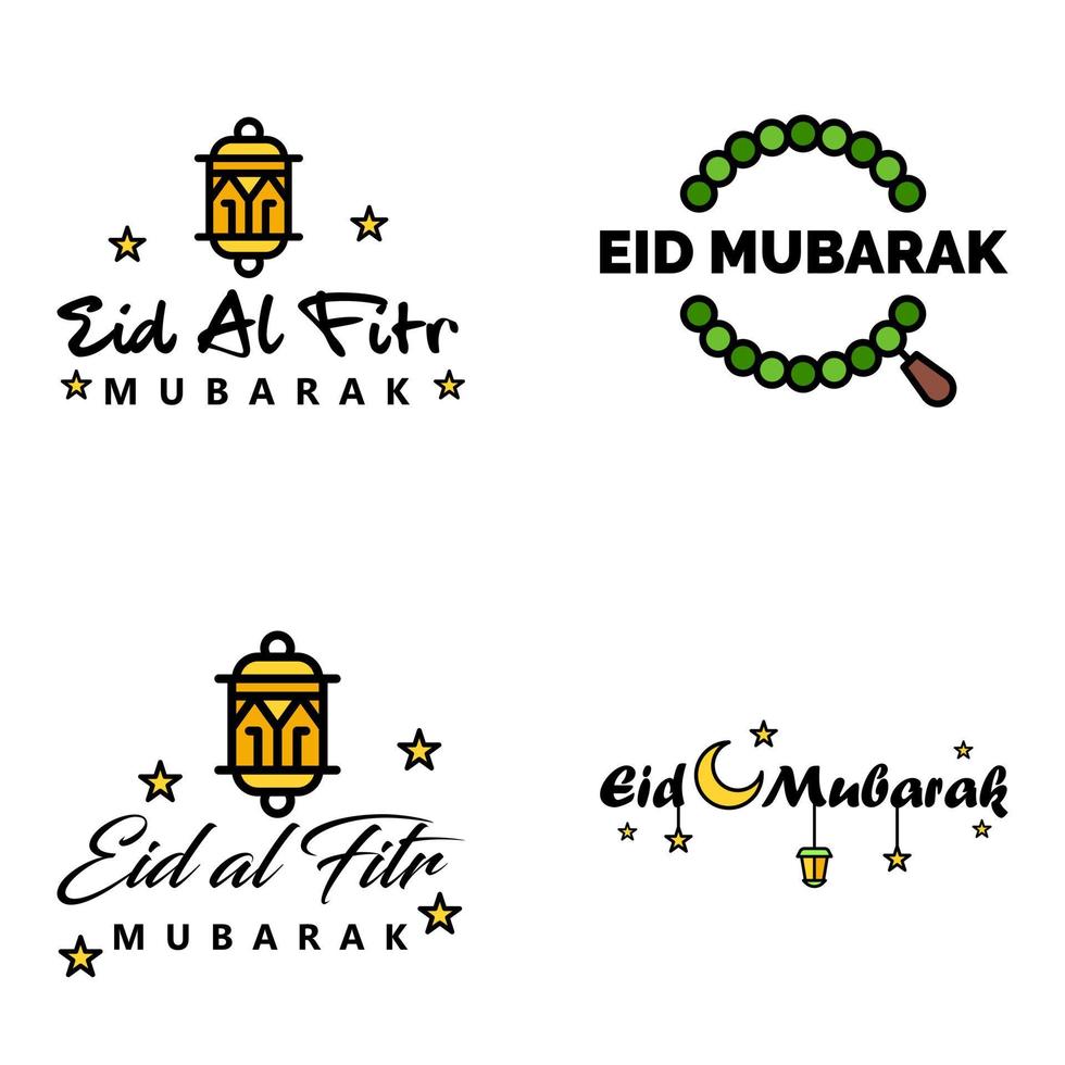 pack de 4 vecteurs de texte de calligraphie arabe avec la lune et les étoiles de l'aïd moubarak pour la célébration du festival de la communauté musulmane vecteur