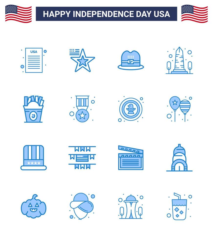 usa independance day blue ensemble de 16 pictogrammes usa de nourriture frise casquette washington vue modifiable usa day vector design elements