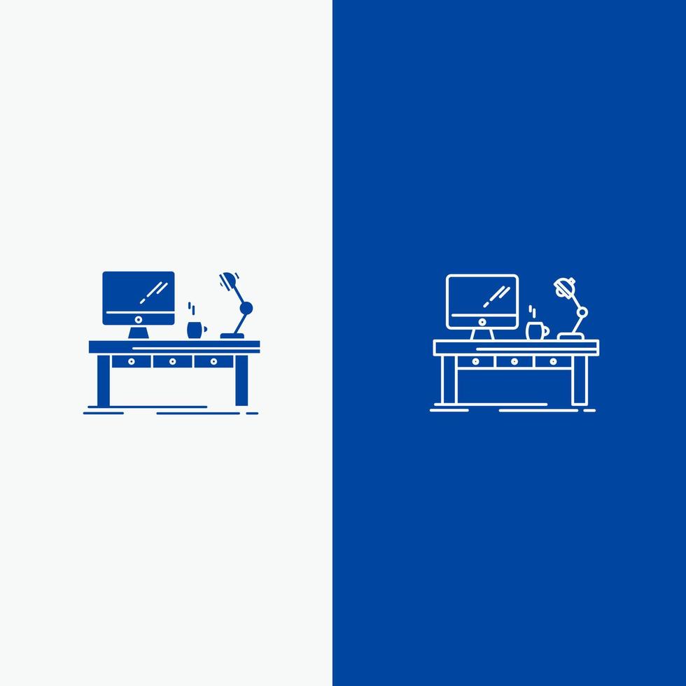 lieu de travail ordinateur de bureau lampe de bureau table de bureau ligne et glyphe icône solide bannière bleue ligne et glyphe icône solide bannière bleue vecteur
