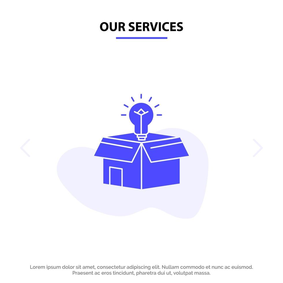 nos services boîte entreprise idée solution ampoule solide glyphe icône modèle de carte web vecteur