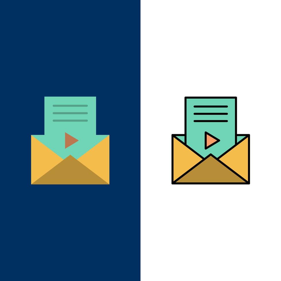 courrier message sms icônes de lecteur vidéo plat et ligne remplie icône ensemble vecteur fond bleu