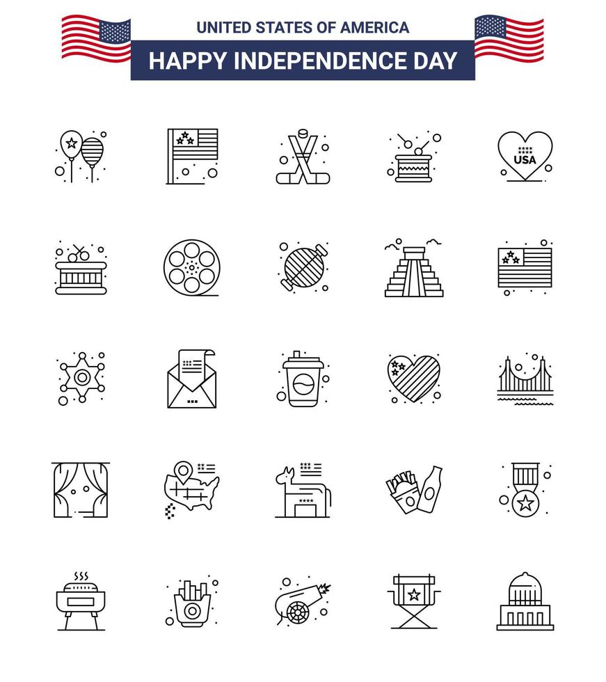 4 juillet usa joyeux jour de l'indépendance icône symboles groupe de 25 lignes modernes d'indépendance tambour usa day américain modifiable usa day vector design elements